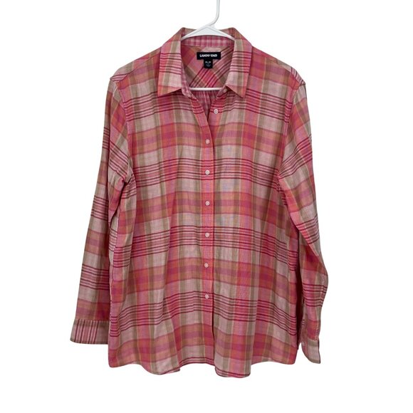Lands End Womens Pink Plaid Button-Down Shirt Size XL 100% Cotton Woven knit - Picture 12 of 13